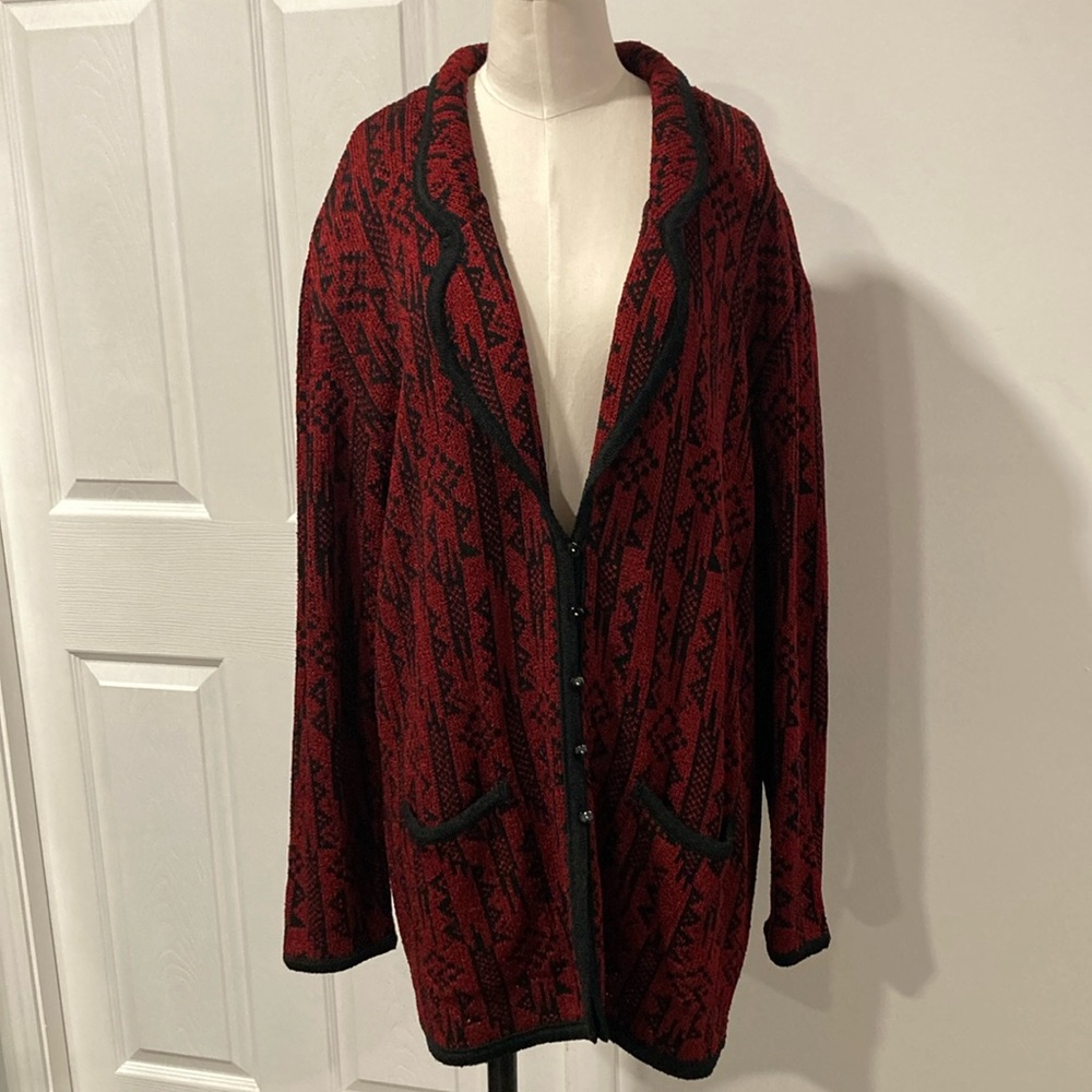 French Rags long collared cardigan Aztec red black L